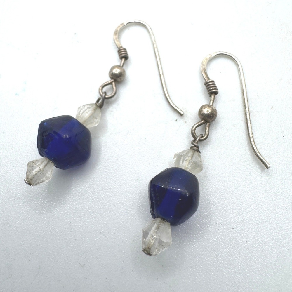 Handmade Cobalt Blue Clear Faceted Glass Bead Silver Tone Drop Dangle Earrings